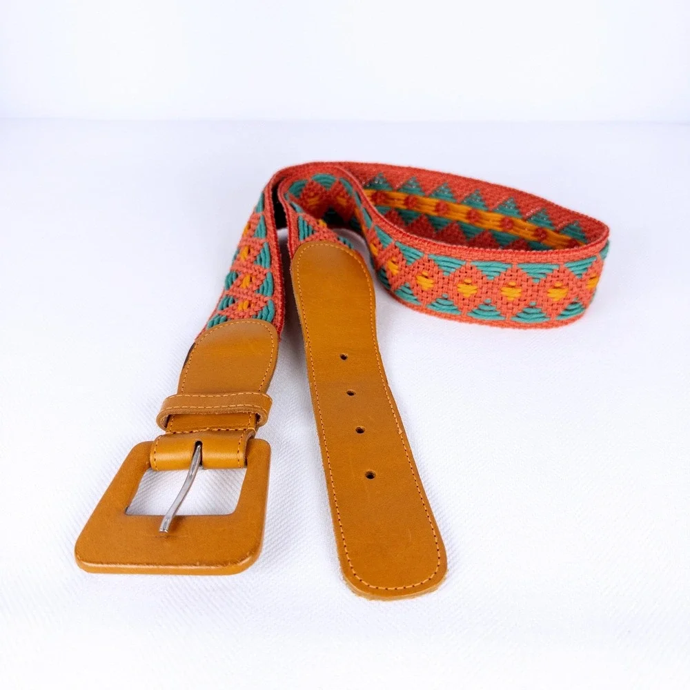 Boho Vintage Coral Turquoise Woven Textile Belt Leather Buckle Geometric 70s